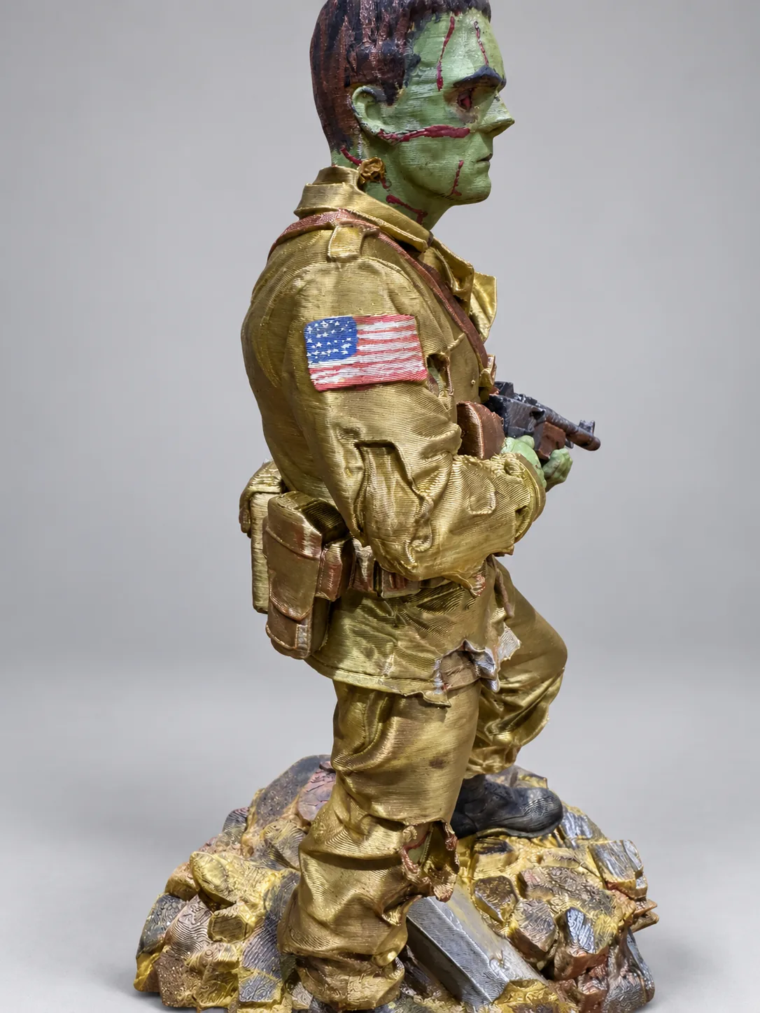 Side view showing American flag patch and uniform pouches